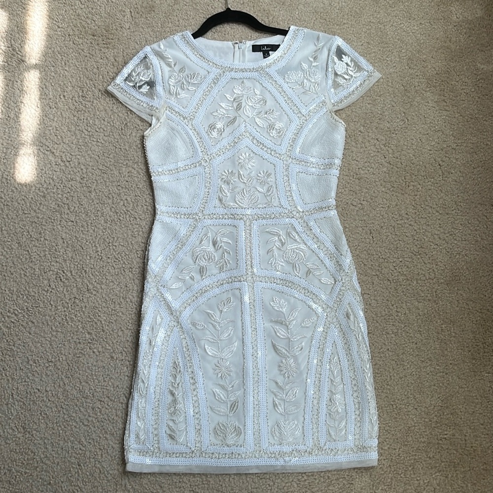 LULUS White Sequin Embroidered Bodycon Dress